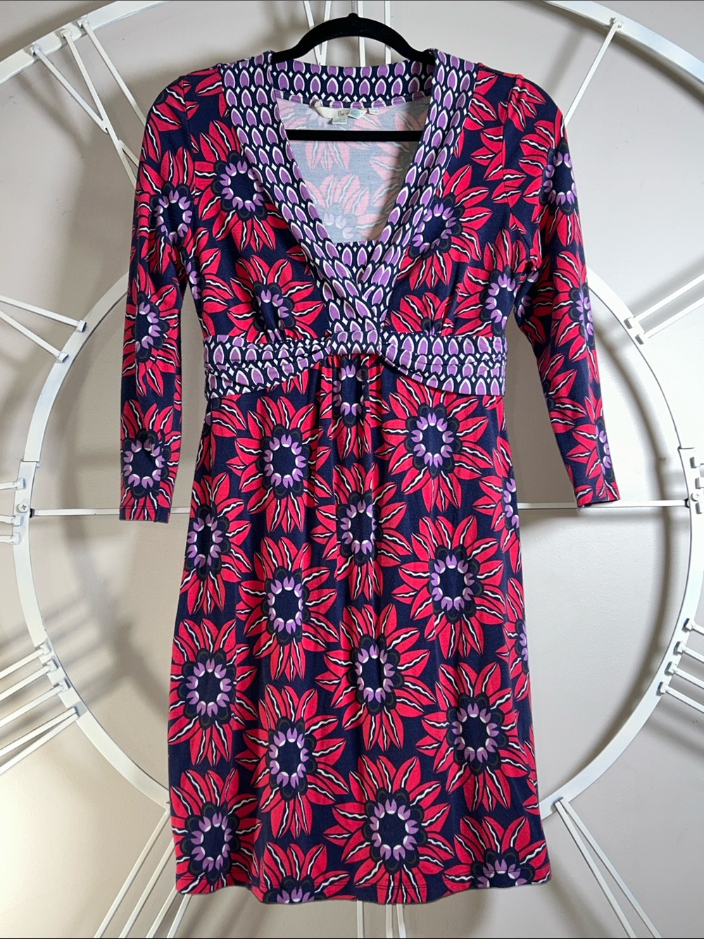 Boden V-Neck Vibrant Retro Floral Mini Dress in Pink & Purple